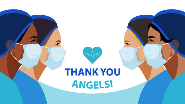 THANK YOU. International Nurses Day. Multi-ethnic women in the uniform of medical staff. Vector illustration of a nurse in blue uniform on a blue. Greeting card.