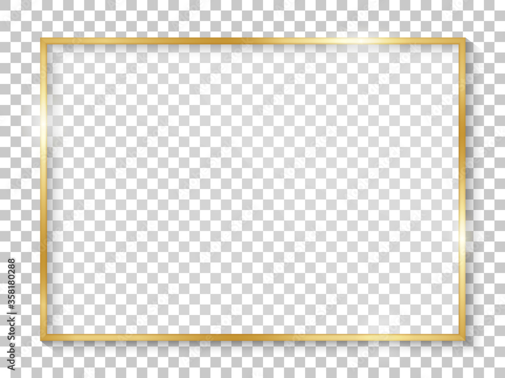 Poster golden frame with glass. rectangle border. gold frame boarder. golden vintage border. shiny glowing 