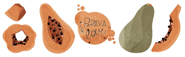 Kawaii orange tropical fruit papaya set whole, lobule. Textural flat art. Menu print, packaging, wrapping paper, sticker, social media post, banner, postcard, invitation