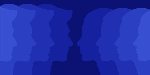 Abstract background of faces. Silhouette of male and female people on blue background. Template, background, element.
