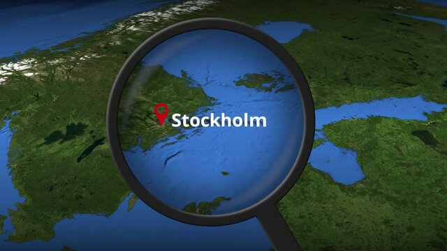Loupe finds Stockholm city on the map 3d