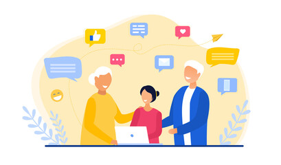 A young daughter or granddaughter helping grandparents with learning online on a laptop with assorted web icons, colored vector illustration