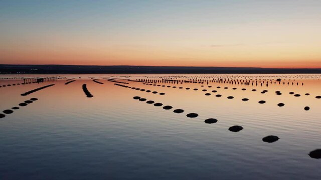 Mediterranean mussel farm in the Mar Piccolo of Taranto, Puglia, Italy