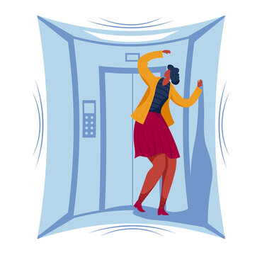 Female character phobia of closed space, woman stuck small elevator area isolated on white, cartoon vector illustration. Girl fear panic attack, person afraid getting jammed lift.