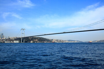 Fototapeta na wymiar Bosphorus Bridge, Istanbul. A view of Istanbul Bosphorus in clear weather. Turkey