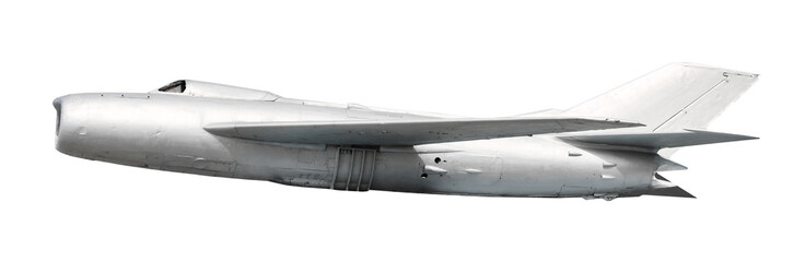 Fototapeta na wymiar MiG-17 fighter isolated on white, banner design. Military machinery