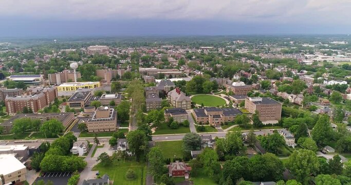 University campus in small Pennsylvania town, aerial drone footage