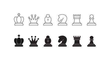 Chess pieces icon set. Included icon king, queen, bishop, knight, rook, pawn. Silhouettes isolated on white background. Chess pictogram. Set of strategy icons in line style Vector symbols.