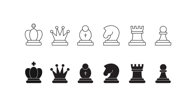 Chess pieces icon set. Included icon king, queen, bishop, knight, rook, pawn. Silhouettes isolated on white background. Chess pictogram. Set of strategy icons in line style Vector symbols.