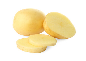 Whole and cut fresh raw organic potatoes on white background