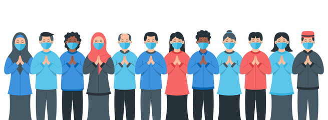 Group of people wearing protection face mask to prevent and protect virus. People in protective medical masks. Man and women wearing protection from virus.