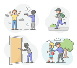 Concept Of Urban Security and Robbery. Crime And Chaos On The Streets. Set Of Aggressive Robbers In Balaclavas Threaten, Rob People And Apartments. Cartoon Linear Outline Flat Vector Illustration