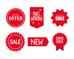 price tags, collection red ribbon banners, sale promotion, website stickers, special offers vector illustration design