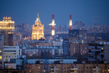 Moscow apartments at night. Hotel Ukraine. CHPP-12 - Moscow power station. Moscow. Russia.