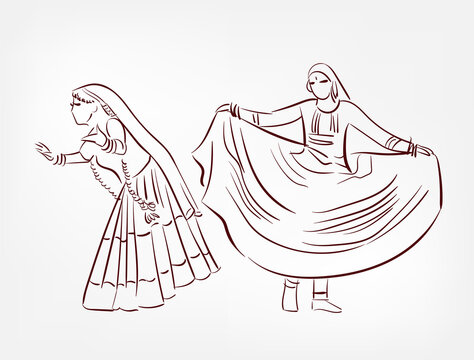 Rajasthan state India ethnic indian woman girl dance traditional sketch isolated design element