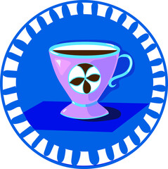small coffee cup in a blue circle with a pattern