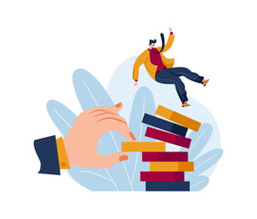 Tiny character male fall down from stack gold money, concept global financial crisis isolated on white, cartoon vector illustration. Trader lose monetary state, hand pull dollar coin.
