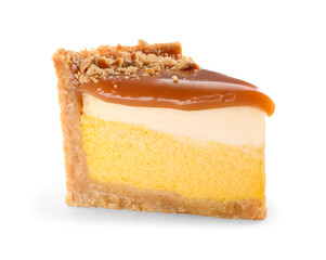 Piece of delicious cake with caramel isolated on white