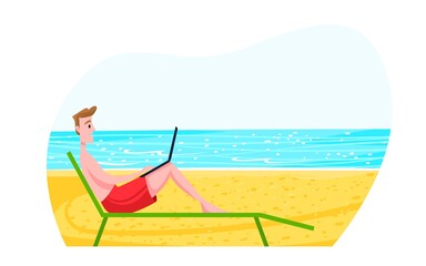 Man programmer lay tropical beach, male freelancer character relax and remote workplace isolated on white, cartoon vector illustration. Modern employee completes order, ocean sand coast hot country.