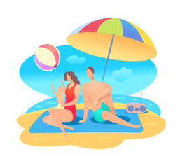 Family summer beach vacation at sea. Mom, dad and baby. Holidays at sea. Summer, heat, water. Vector flat illustration