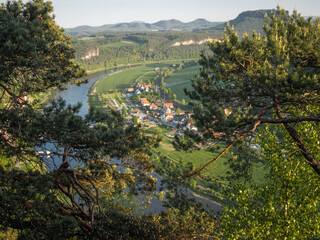 View of Rathen town and Elbe river from Bastei bridge