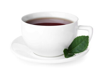 Fresh black tea and green leaves isolated on white