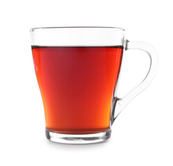 Fresh black tea isolated in glass cup on white