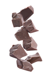 Delicious chocolate chunks falling on white background