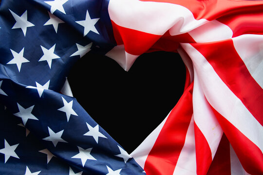 The concept of american patriotism, July 4th Independence Day in America, USA  flag in shape of heart - space for text national public holiday card