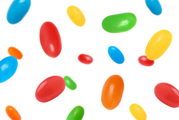 Delicious color jelly beans falling on white background