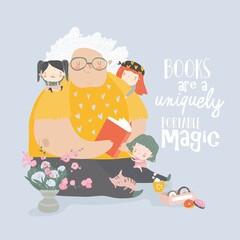 Big grandmother reading book to her grandchildren