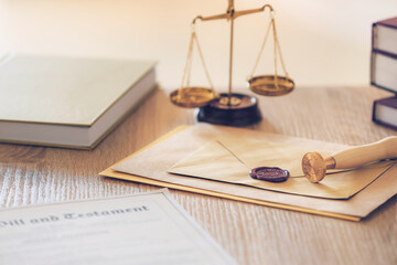 Documents with wax seals on table of notary public