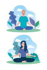 couple meditating in nature and leaves, concept for yoga, meditation, relax, healthy lifestyle vector illustration design