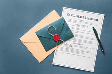 Last Will and Testament, envelopes and pen on table