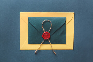 Envelope with notary public wax seal on table
