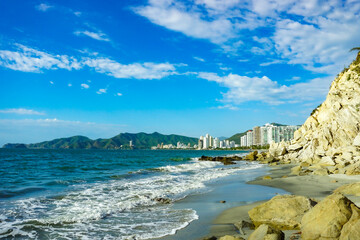 Beautiful Rodadero beach of Santa Marta with sand, rocks and no crowd. 