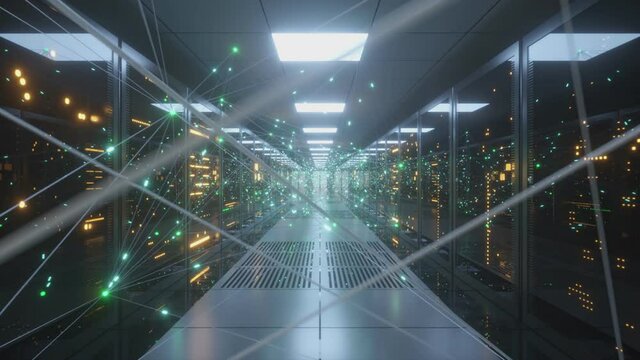 Digital information travels through fiber optic cables through the network and data servers behind glass panels in the server room of the data center. High speed digital lines