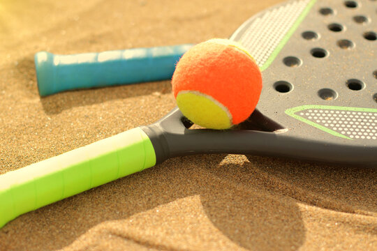 Beach Tennis Rackets In Sand, Summer Beach Sport 