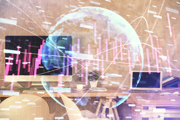 Multi exposure of financial graph drawing and office interior background. Concept of market analysis.