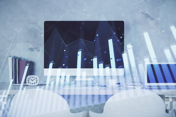 Multi exposure of stock market chart drawing and office interior background. Concept of financial analysis.