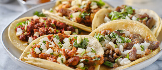 platter of mexican street tacos with carne asada, chorizo, and al pastor in corn tortillas