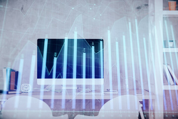 Multi exposure of stock market chart drawing and office interior background. Concept of financial analysis.