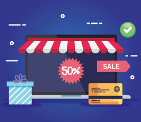 shopping online on website or mobile, concept marketing and digital marketing in laptop with discount and credit card vector illustration design
