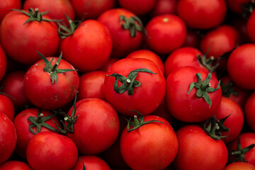 Red tomatoes with green leaves in the stock