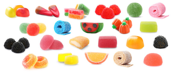 Set of different jelly candies on white background. Banner design