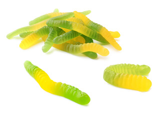 Set of delicious jelly worms on white background