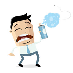 angry asian cartoon man chasing mosquito with bug spray