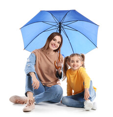 Mother and little daughter with umbrella on white background