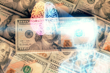 Double exposure of man wearing VR glasses drawing over usa dollars bill background. Concept of virtual reality.