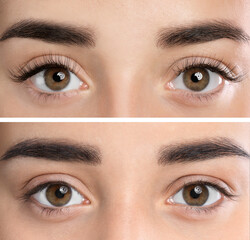 Collage with photos of young woman before and after eyelash extension procedure, closeup